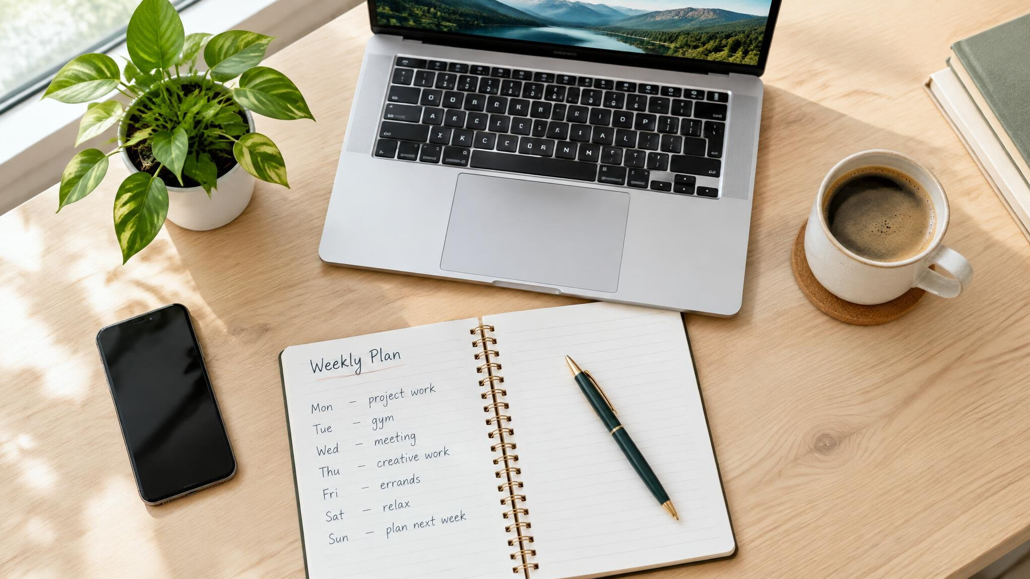 Desk with laptop, notebook and plant for learning planning