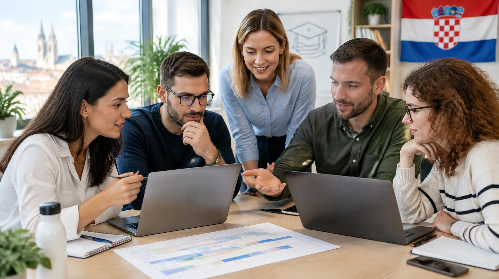 Group of colleagues working together at laptops