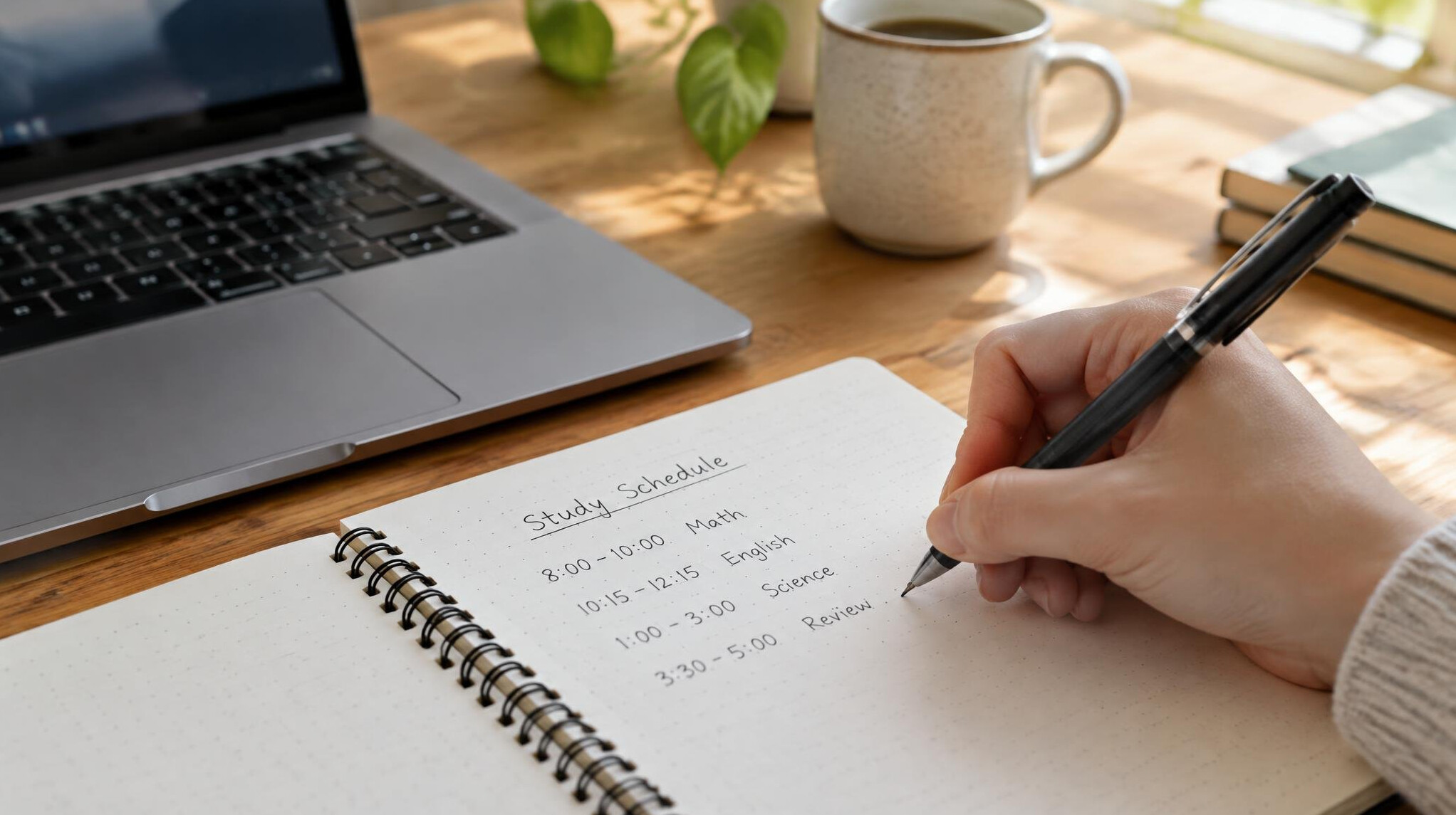 Hand writing notes in a notebook next to a laptop